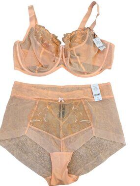 Understance Penny Balconette Bra & High-Waist Panty Set Peach 44H XXL NWT